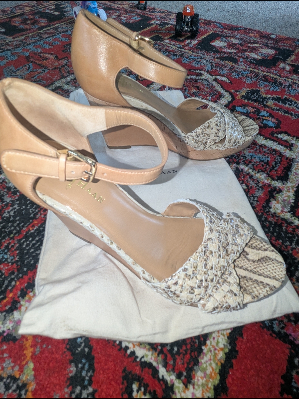 Cole Haan Tan Woven Ankle-Strap Wedges